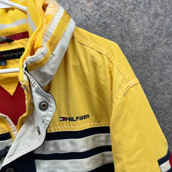 Vintage Tommy Hilfiger Jacket Men Large Yellow ColorBlock Windbreaker Hooded 80s - Picture 6 of 12